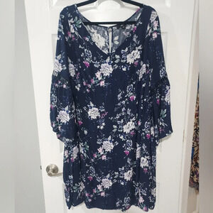 Ellos Navy Blue Floral V-Neck Bell Sleeves Midi Dress in Size 24